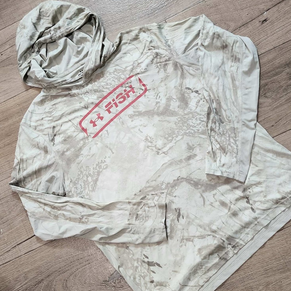 Under Armour Fish Iso-Chill Hoodie Mens Medium Beige Camo Long Sleeve Sun Shirt